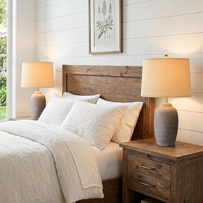 24.5" Vintage Ceramic Table Lamp Single-Rustic Boho Accent Nightstand Lamps for Bedroom, Living Room, Entryway-Small Textured Bedside Lamps, Modern Farmhouse Lamps for Home Decor Purple Grey