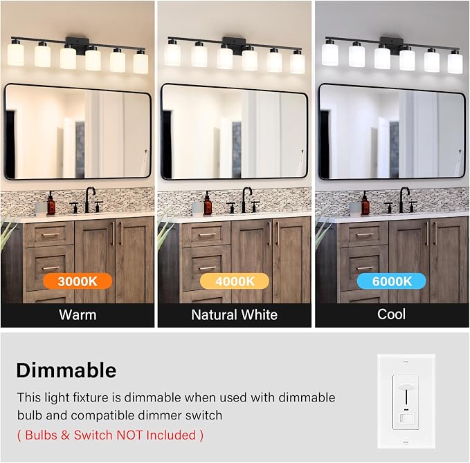 FonmYim Black Bathroom Light Fixtures Vanity Lights Over Mirror | Modern 6-Light lighting fixtures for bathroom with Milky White Frosted Glass Shades, E26 Socket (Bulbs Not Included)