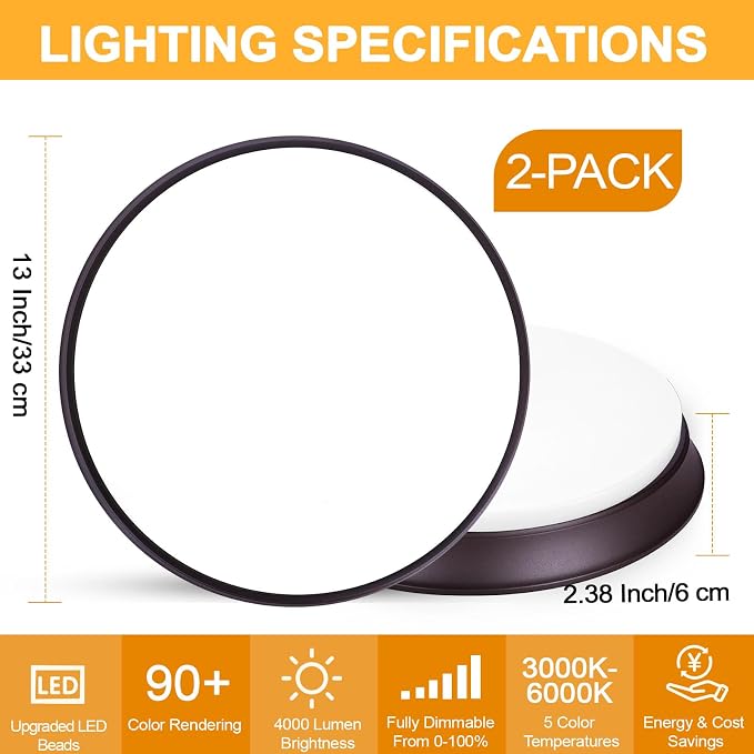 2PACK LED Flush Mount Ceiling Light Fixtures Oil Rubbed Bronze, 13Inch 36W Dimmable & 2700K-6500K 5CCT Adjustable LED Ceiling Lights, 4000LM Modern LED Lamp for Kitchen, Bedroom, Porch, Hallway