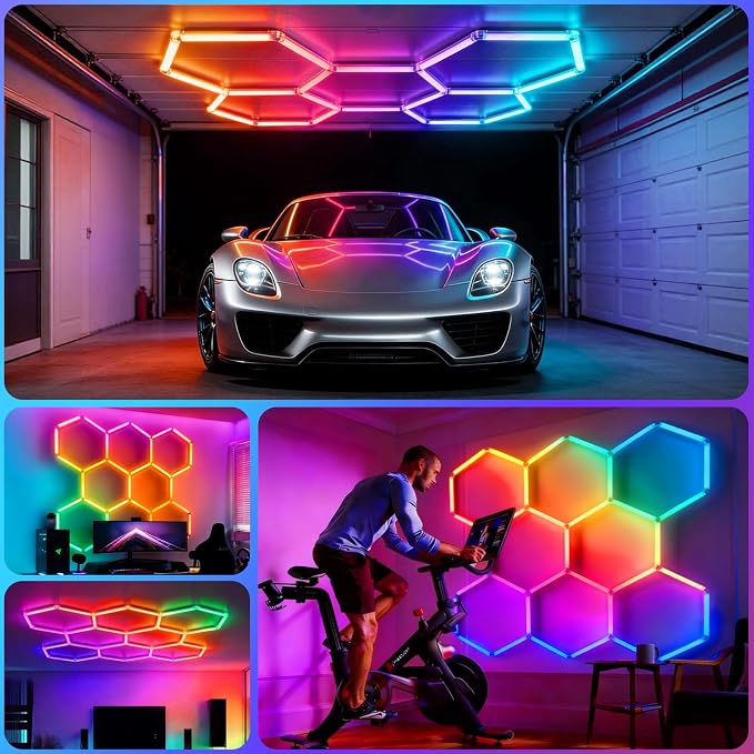 HYPERLITE Hexagon Garage Lights: Gen IV-8 Grid Hexagon LED Lights with Music Sync Mode, App & Remote Control, Multi-Color Honeycomb Light for Gaming Room, Gym, Garage