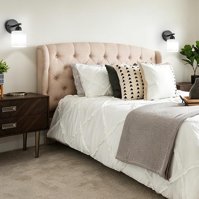 2PCS Light Black Bathroom Light Fixture, Modern Bathroom Lights with Milky White Frosted Glass Shades for Mirror Living Room Bedroom Hallway E26 Base