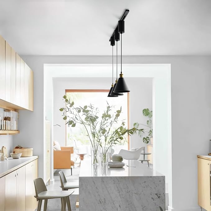 mirrea H-Type Matte Black Track Lighting Pendant with E26 Socket, Black Cone Shade, Adjustable Hanging Fixture for Kitchen, Dining, Bar Lighting 1 Pack