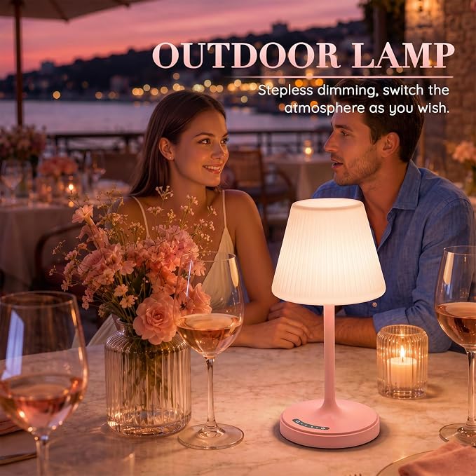 Waterproof Shower Lamp, 4000mAh Cordless Table Lamp, 3-Color Dimmable -Pink | touch dimmable, weighted base, bathroom shower light, patio dinner, RV camping, charge your phones, memory night light