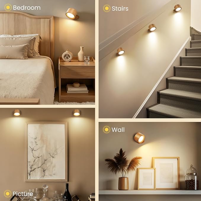 Wall Mounted Lamp, Rechargeable Battery Operated Wall Lights, Wood-2 Pack | Rechargeble Renter Friendly, 3 Color Temperatures & 3 Brightness Levels 360°Rotate Magnetic Ball, Sconces for Reading Bedroom