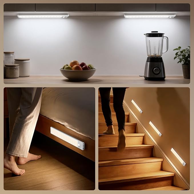 10.5inch Under Cabinet Lighting Wireless, Motion Sensor Light Indoor 3PCS | 3 Color Temps & 5 Level Brightness, Rechargeable Magnetic Closet Light Under Counter Lights for Kitchen, Bedroom, Stair