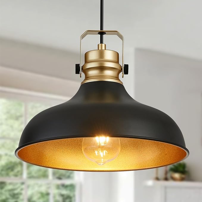 Black and Gold Pendant Lights Kitchen Island Fixtures | ETL Certificate,Industrial Adjustable Height Vintage Dome Hanging Light Fixtures for Barn,Dining Room 2 Pack