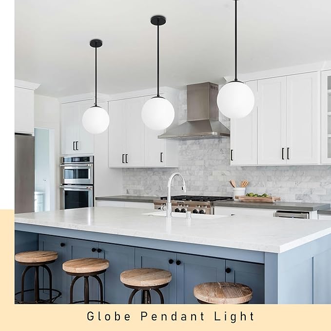 10 Inch Globe Pendant Light Contemporary Globe Pendant Lights Black Mid Century Pendant Light Adjustable Hanging Light Fixture Matte Black Finished with Milk Glass Lampshade for Kitchen Island