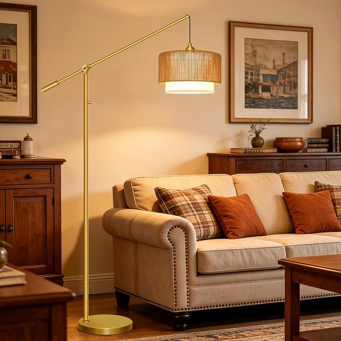 【Upgraded】Arc Floor Lamp for Living Room, Boho Dimmable Swing Arm Floor Lamp with Rattan & Fabric Shades, Gold Rattan Standing Lamp with 11W Bulb, Farmhouse Adjustable Tall Lamp for Bedroom Office
