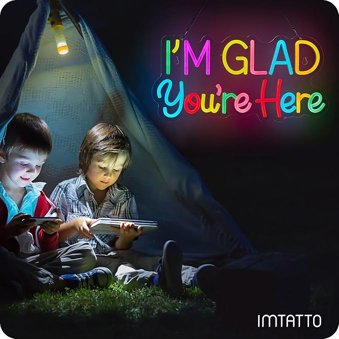 I’m Glad You’re Here Neon Sign, Positive Affirmation LED Light for Wall Decor Multicolored Light Up Signs for Classroom Kindergarten Wedding Party Store Home, Compatible with Timer