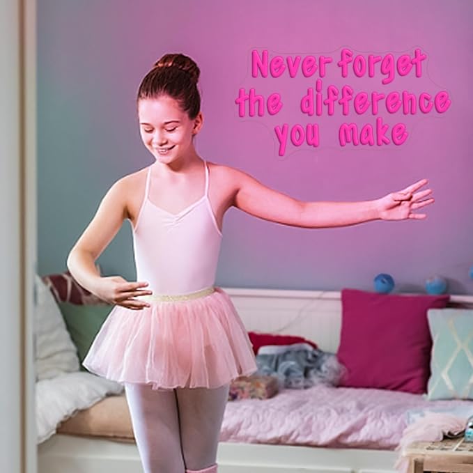 Never Forget The Difference You Make Neon Sign for Wall Decor USB Powered Motivational Led Letters Light Up Sign Dimmable Pink Neon Light for Gifts Bedroom Gym Classroom Party (16.54 * 8.66)