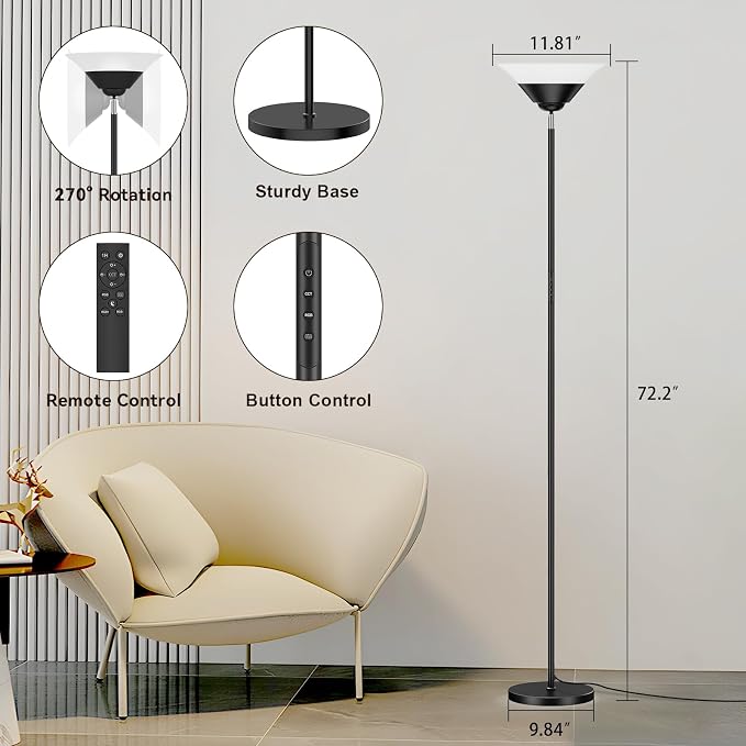 RGB Torchiere Floor Lamp, 30W Dimmable LED Standing Lamp with Remote, Multi Color Changing, 72in Tall Corner Light, Bright Standing Pole Light for Office Living Room Bedroom Basement