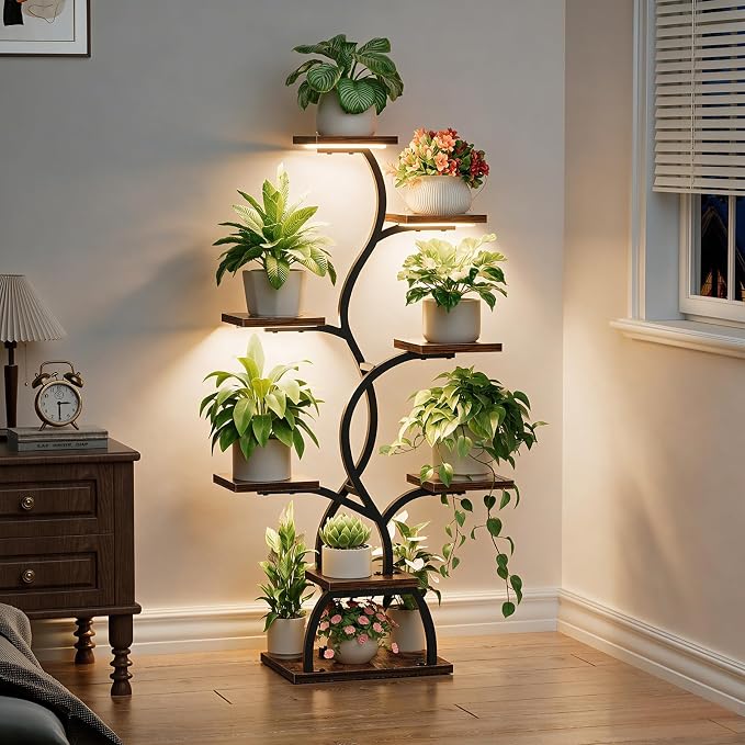 Plant Stand Indoor with Grow Light - 8 Tiered Corner Plant Shelf Indoor | 49" Plant Holder with Lights for Indoor Growing, Tall Lighted Flower Stand for Living Room, Balcony, Brown