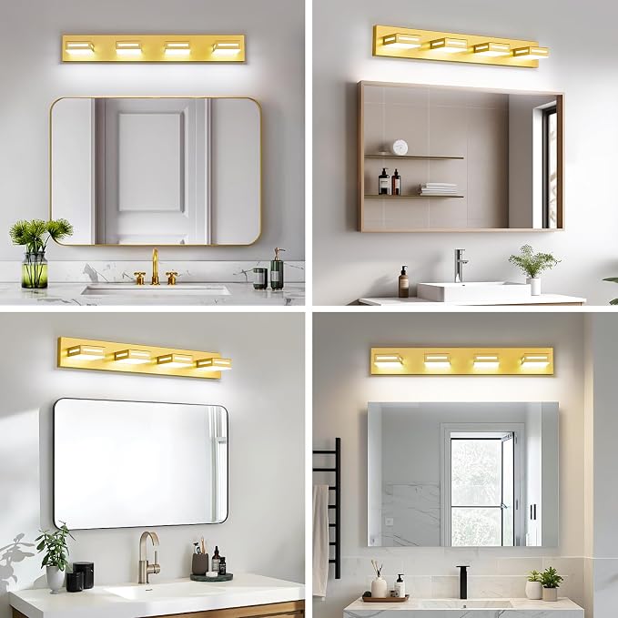 LED Modern Bathroom Light Fixtures, 4-Light 30-Inch Gold Vanity Lights for Bathroom Lighting Fixtures Over Mirror, 6000K Cool White 350° Rotatable Wall Lamp