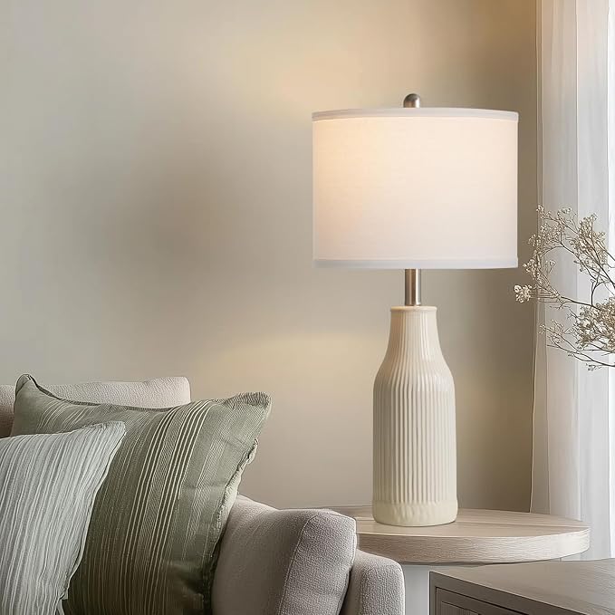 24.5" Modern Ceramic Table Lamp for Nightstand, Farmhouse Bedside Lamp for Bedroom, Small Table Lamp for Living Room End Table, Beige (1 Pack)