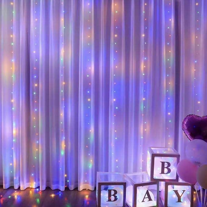 300 LED Fairy Curtain Lights, 9.8 x 9.8FT Warm White USB Plug in 8 Modes String Hanging Lights with Remote for Christmas, Bedroom, Indoor, Outdoor, Weddings, Party (Multi-Colored)