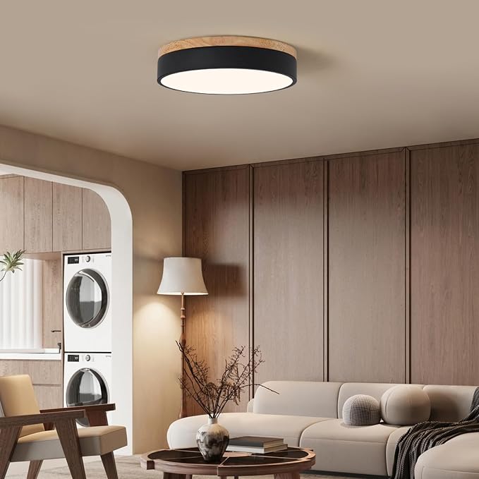 12" Minimalist Black and Wood LED Flush Mount Ceiling Light Fixture | Natural Wood Accent, Integrated LED, 5CCT Before Installation, Slim Low-Profile Design, Minimalist Modern Style, Compact Size