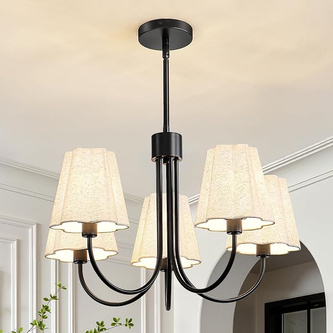 RUIYEY Modern Dining Room Chandelier - 23" 5-Light Gold Farmhouse Chandeliers with White Fabric Shades, Adjustable Hanging Dining Room Light Fixture, E12 Hardwired Ceiling Light for Kitchen Island