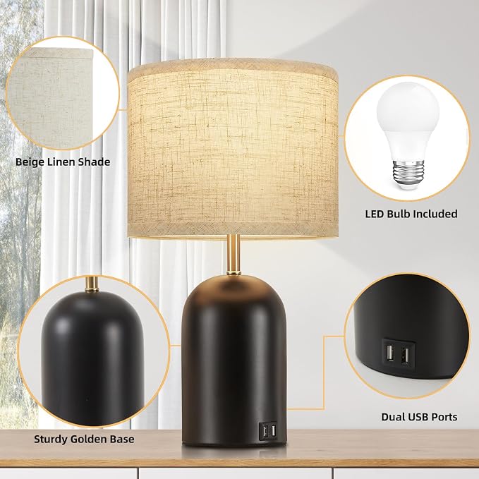 Bedside Lamps with USB C+A Charging Ports, Table Lamp Touch Control Dimmable Modern Lamp for Bedroom Lamps for Night Stands with Fabric Shade for Living Room Office Dorm (LED Bulbs Included)