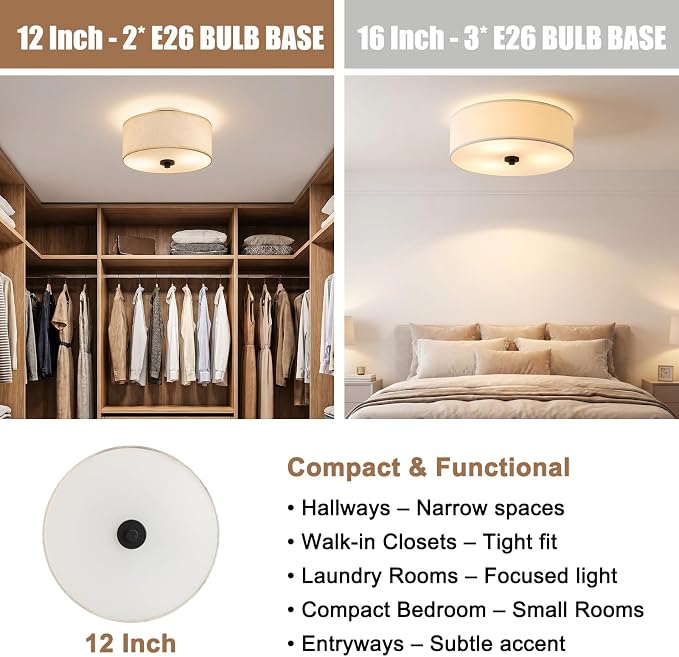 12" Flush Mount Ceiling Light,2-Light,Linen Drum for Small Rooms | Farmhouse Ceiling Light,Beige Fabric Drum Shade,E26 sockets(MAX.60W),hallway,small bedroom,walk-in closet,Bulbs NOT Included