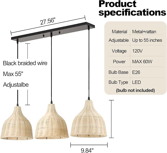 Bobo 3 Light Pendant Light, Hard Wired Hanging Chandelier with 9.84” Dome Rattern Wicker Shade,Suspended Lighting Fixture for for Kitchen Island Dining Bedroom Living Room Restaurants
