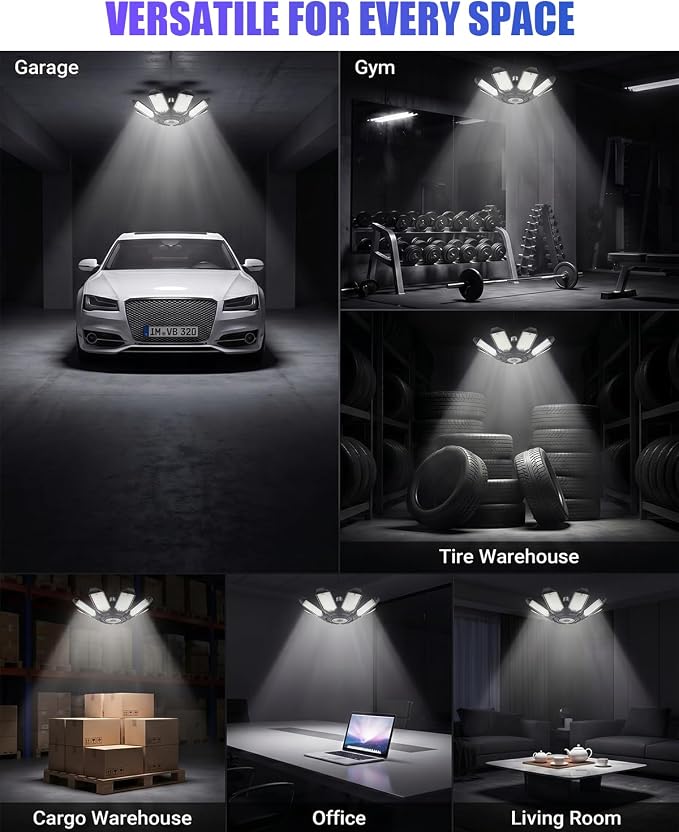 Tudoccy LED Garage Lights 2 Pack, 40000LM 8-Panel Shop Light | 6500K daylight E26/E27 screw-in bulb for workshop, basement, warehouse, attic ceiling fixture