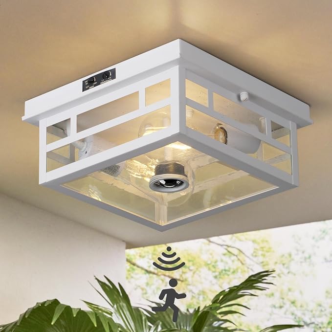 CALOKES Outdoor Flush Mount Motion Sensor White Ceiling Light - Timeless Industrial Design with Seeded Clear Glass for Your Porch, Driveway, Covered Patio, Farmhouse, and Entryway