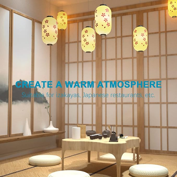 Traditional Japanese Style Beige White Silk Cherry Blossom Lantern 8 x 14 Inch, ZUEXT Set of 4 Waterproof Indoor Outdoor Festival Theme Birthday Party Home Yard Lanterns Japanese Eateries Decor