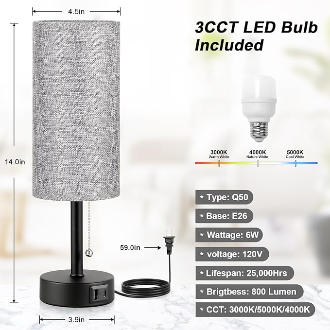Grey Bedside Lamps for Bedroom Set of 2 - Nightstand Table Lamp with USB A + C Charging Port, 3 Color Temperatures Pull Chain Night Stand Light, Side Table Desk Reading Lamp for Living Room/Dorm Room