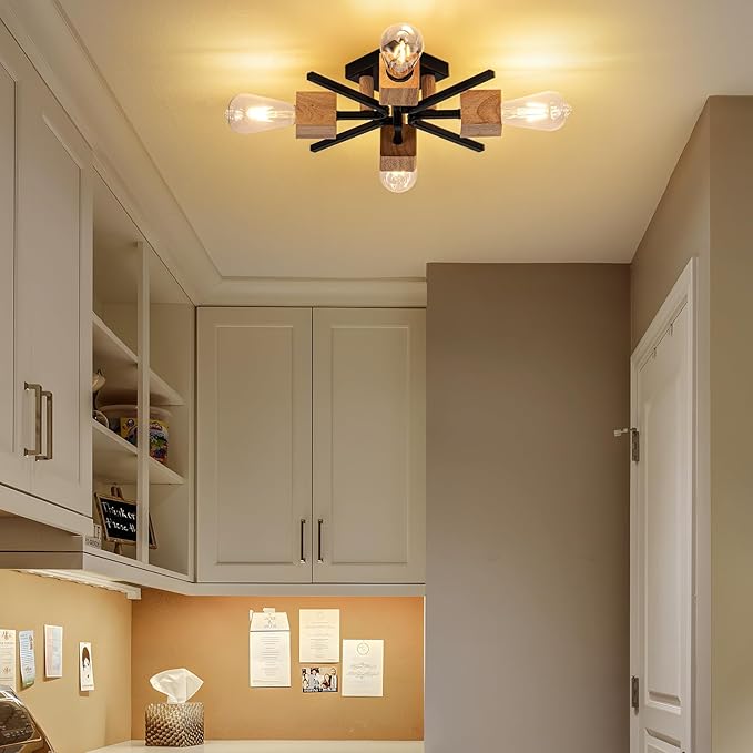 4 Light Sputnik Light Fixture Black Flush Mount Lights Industrial Ceiling Light Wood 22" Modern Farmhouse Ceiling Lights for Kitchen Bedroom Bathroom Foyer Hallway(E26,2Pack)