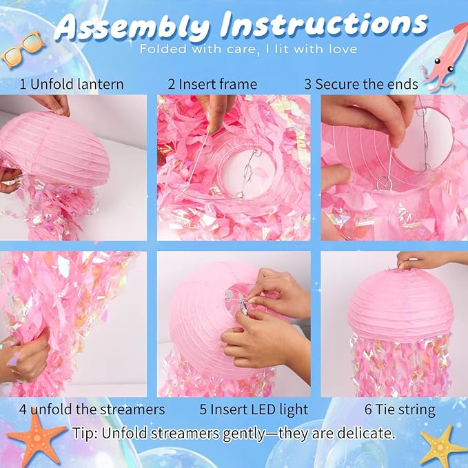 Jellyfish Paper Lanterns with LED Lights Set of 6, Lilac/Pink/Turquoise Dome Hanging Floating Decorations for Under The Sea Party Mermaid Birthday Ocean Classroom Beach Room Aesthetic