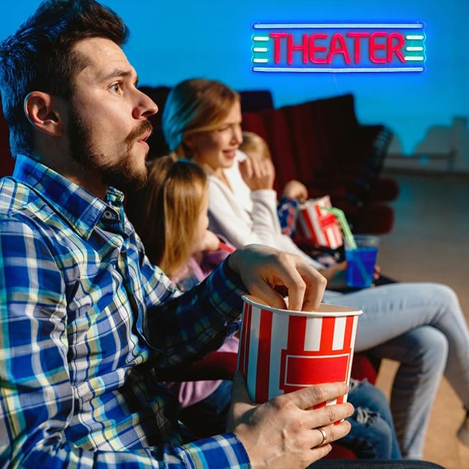 Theater Neon Sign - USB Powered LED Sign, 12x40cm | Retro Night Light, Home Theater Decor, Stage Backdrops, Cafe Bars