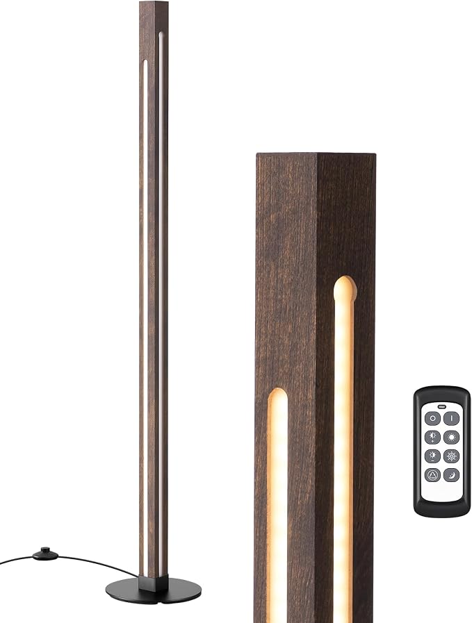 EDISHINE Wooden Corner Lamp with Remote, Dual Lighting, 7CCT & Dimmable | Foot Switch, Night Light Mode, Memory Function, Standing Lamp for Bedroom, Office, Natural Wood