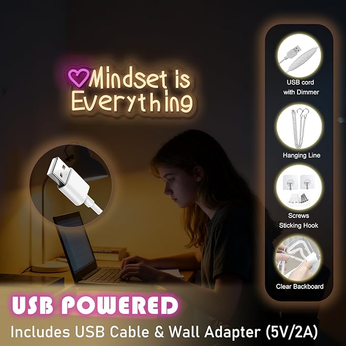 Mindset is Everything neon sign, suitable for classroom wall decoration, back-to-school season, graduation season, student gifts. Dimmable, USB powered, pink heart-shaped inspirational neon light.