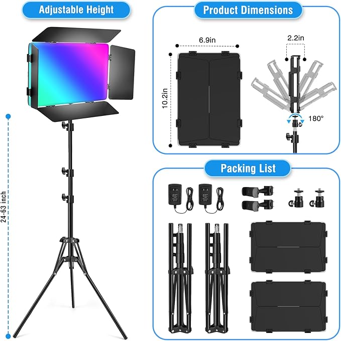 2 Pack RGB LED Video Light with Barndoor, 2500K-8500K CRI 98+ Dimmable Bi-Color LED Studio Light Panel, 12 Effects Photography Lighting Kit for Video Recording Shooting Live Streaming Podcast