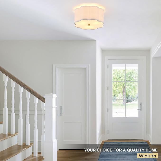 13" Gold Semi Flush Mount Ceiling Light, Linen 3-Light Fixture | White Linen Petal Shade, Modern Gold Style For Bedroom, Hallway,Dining, And Kitchen; Close-To-Ceiling, E26 Base, Easy Install