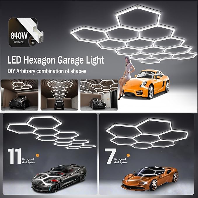 31Lights LED Hexagon Honeycomb Lights,7-Hex Honeycomb Lights 48800Lumens Hexagon DIY Super Bright Car Detailing Ceiling 488W LED Shop Light for Warehouse Workshop Gym Basement