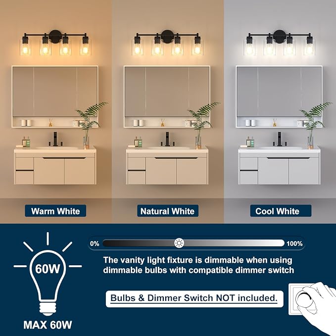 4-Light Bathroom Light Fixtures, Matte Black Modern Vanity Light with Clear Glass Shades, Bathroom Sconce for Mirror Living Room Cabinet Bedroom Porch,E26 Base(Bulbs Not Included)