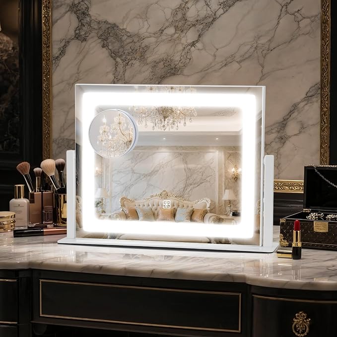 Rechargeable Vanity Mirror with Lights, 3000mAH Battery, 16"×12" LED Makeup Mirror, 10X Magnification, Smart Touch with 3-Color Lighting, 360° Rotation, Lighted Up for Makeup Desk, Bedroom (White)