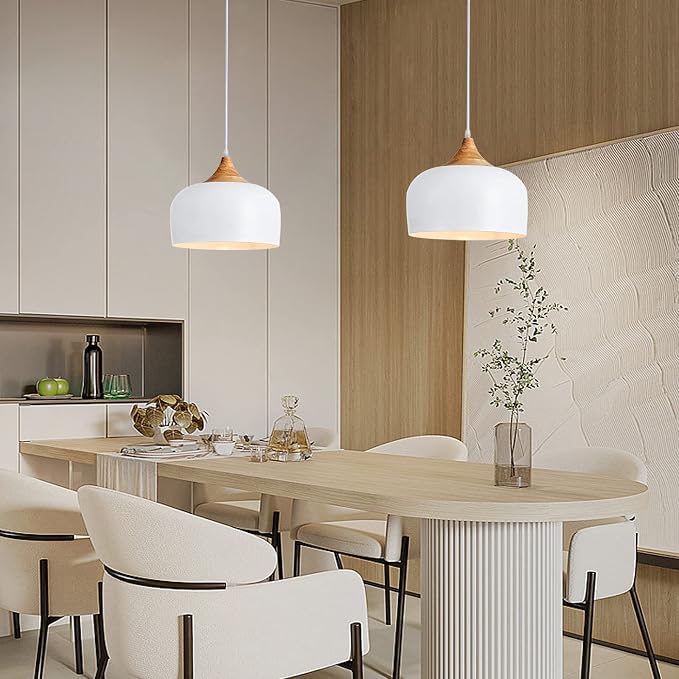 Modern Solid Wood Pendant Light,Ceiling Hanging Lamp with Dome Metal Shade,Adjustable Light Fixture for Kitchen Island,Dining Room- White