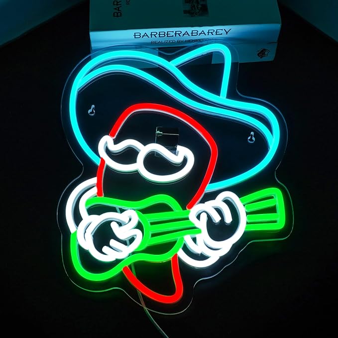 Cowboy Guitar Neon Sign Chili Pepper LED Light Bar Wall Decor | Mexican Pepper LED Neon Light, Dimmable Chili Pepper Guitar Design for Pubs, Home Bars, Man Caves, Parties, Clubs,Game Rooms