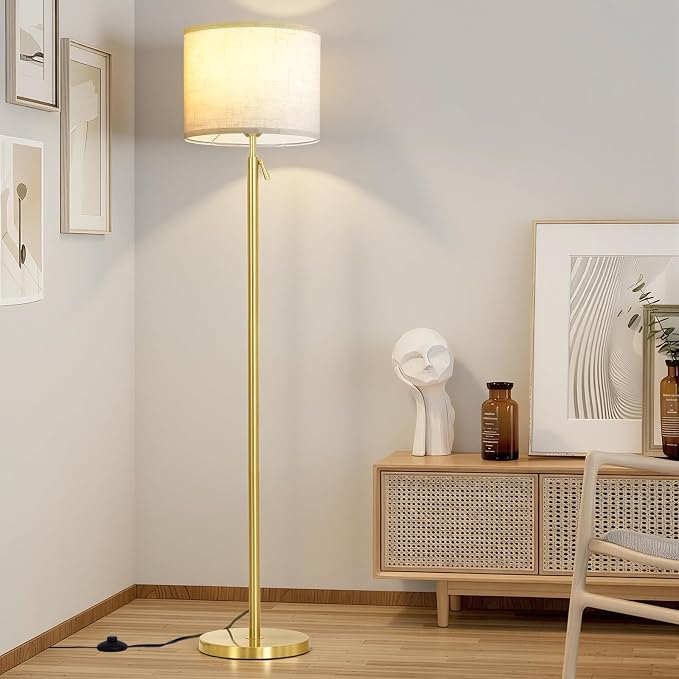 Floor Lamp Height Adjustable with Remote for Living Room and Bedroom Gold | 55"- 67" Height Adjustable Gold Standing Lamp with Dimmable 12W LED Bulb - Tall Stand Light with Shade for Corner Lighting