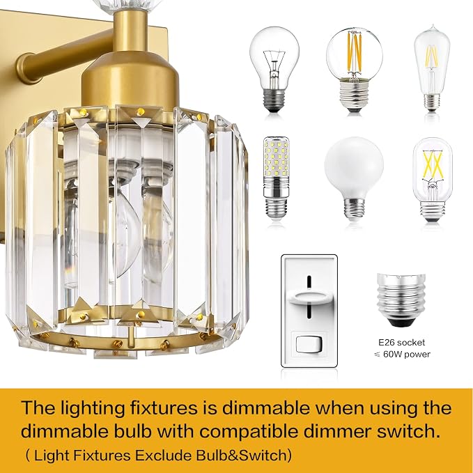 PRESDE Single Crystal Wall Sconce, Modern Gold Vanity Light Fixture, 1-Light Wall Lamp for Bathroom Bedroom Hallway