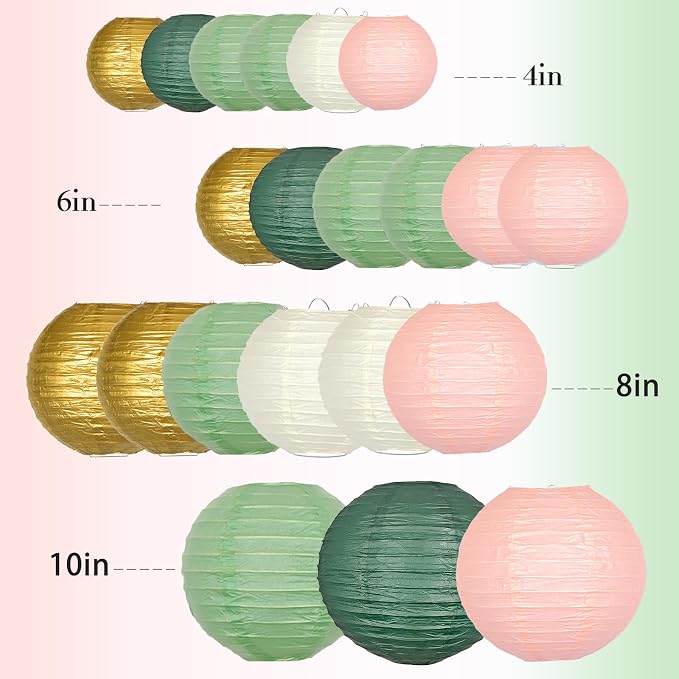 21 Pack Pastel Paper Lanterns, Sage Green Pink Gold Hanging Deco | Round Hanging Assorted Set for Birthday, Graduation, Wedding, Baby Shower, Valentine's Day, Classroom Decor & Photo Backdrop