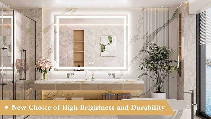 48 x 40 LED Lighted Bathroom Mirror with Lights, Brighter Led Vanity Mirror for Bathroom, Front and Backlit Illuminated Anti Fog Light up Mirror 3-Color Dimmable, Waterproof, Tempered Glass