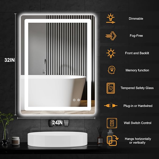 LED Bathroom Mirror with Lights, 24 x 32 Lighted Vanity Wall Mirror | Backlit and Frontlit, Anti-Fog, Dimmable 3 Colors, Shatter-Proof Tempered Glass, Memory Function, Plug-in/Hardwired