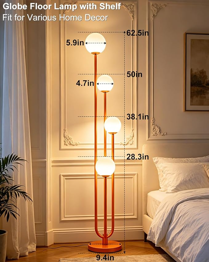 4-Globe Dimmable Orange Floor Lamp, 63IN Standing Tall Lamps with 3000K Bulbs for Reading, Mid Century Modern Floor Lamp with 5Lbs Heavy Base for Living Room Bedroom Home Office