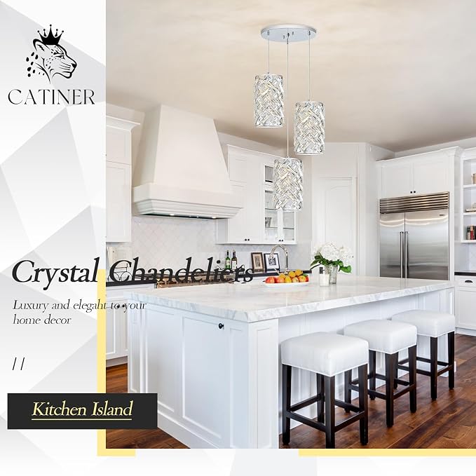 Chrome Crystal Cluster Pendant Light, 3-Light Kitchen Island Hanging Light | 3-light chrome crystal pendant with adjustable height, E26 sockets, dimmable for kitchen islands, dining rooms and bedrooms