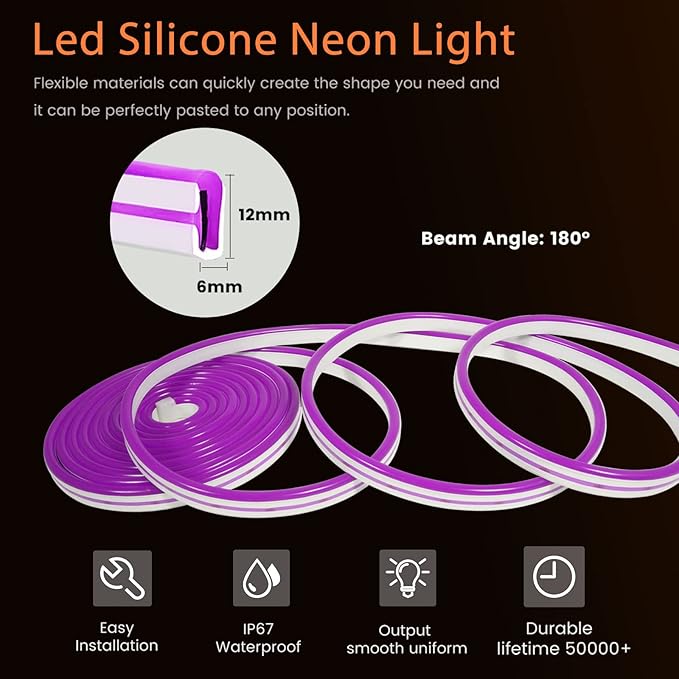 YM E-Bright Purple Led Neon Strip Light Without Power Supply, 5M 16.4Ft 600SMD Silicone Rope Lamp for Signboard Bar Home Building Indoor Outdoor Decoration Waterproof Flexible DC12V