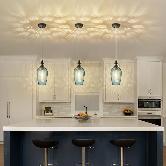 Glass Pendant Lights Kitchen Island, Modern Farmhouse Blue Hanging Indoor Kitchen Island Pendant Lighting, Adjustable Cable, Hand Blown Glass Shade & E26 Base for Bathroom, Hallway, 2 Pack