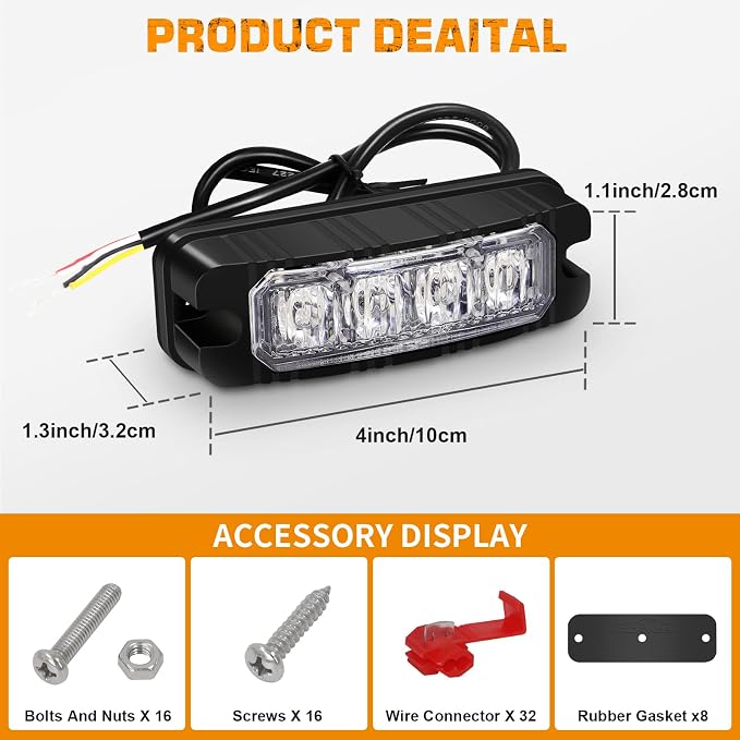 8PCS Sync Grill Strobe Lights 32 LED Green White Emergency Lights | Grille Surface Mount Warning Safety Hazard Caution Light for Tow Plow Trucks Construction Vehicles, Car, ATV, UTV, Motorcycle